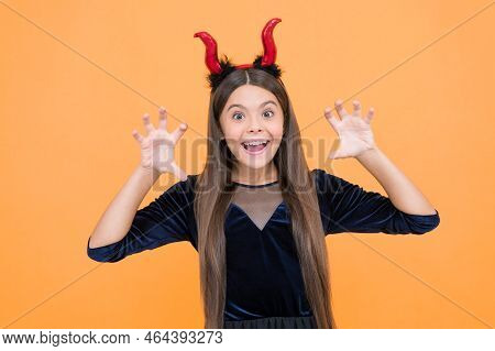 Little Monster. Celebrate The Holidays. Cunning Little Demon. Halloween Devil Girl. Happy Childhood.