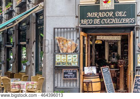 Madrid, Spain - October 4, 2021: Facade Of Mirador Del Arco De Cuchilleros Restaurant, Traditional R