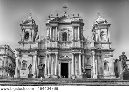 Noto, Italy - August 12, 2021: Facade Of The Noto Cathedral, Masterpiece Of The Sicilian Baroque And