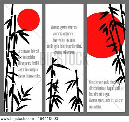 Japanese Bamboo Tree Cards Design Or Vector Chinese Bambu Banners. Poster With Black Silhouette Bamb