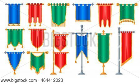 Fantasy Flags. Cartoon Hanging Vintage Medieval Decoration, Ancient Knight Flagstaff With Kingdom He