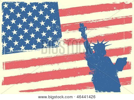 detaljeret illustration af Statue of Liberty foran en grungy stjerner og striber backbround, ep