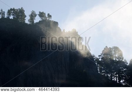 Morro De Pajonales Cliff In The Fog. Integral Natural Reserve Of Inagua. Tejeda. Gran Canaria. Canar