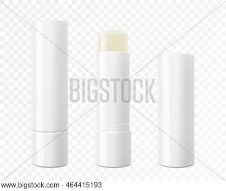 Tube Of Lip Balm Stick, Hygienic Lipstick Packaging Set, Isolated Vector Mockup. Open And Closed Con