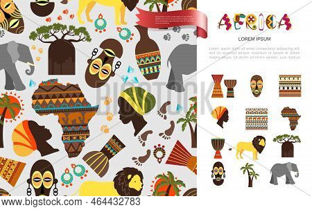 Flat African Ethnic Concept With Tribal Mask Baobab Palm Trees African Woman And Papuan Faces Elepha