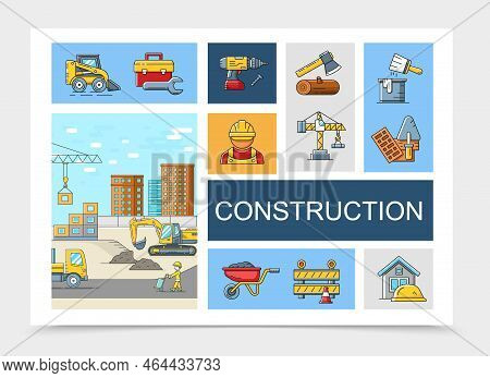 Linear Construction Elements Collection With Toolbox Forklift Drill Builders Ax Crane Brush Bucket T