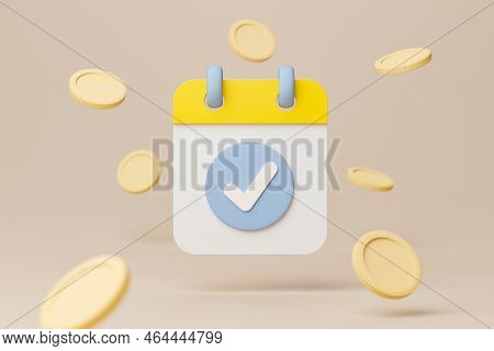 Calendar Minimal Simple Design With Check Mark And Gold Cions On Brown Background. Time Is Money Con