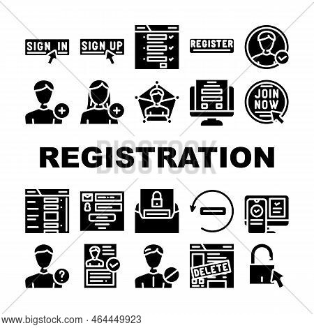 Registration Form Web Icons Set Vector. Register User, Website Online, Login Laptop, Computer, Inter