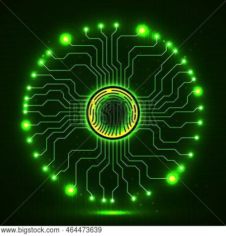 Abstract Neon Sign Fingerprint With Circuit Board By Circumference. Technology Concept