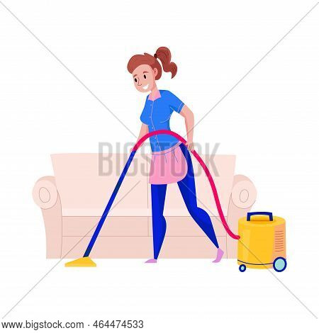 Professional Cleaning Service Worker Doing The Hoovering Flat Vector Illustration