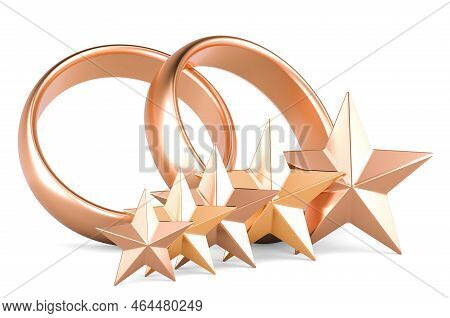 Wedding Rings With Five Golden Stars. 3d Rendering Isolated On White Background