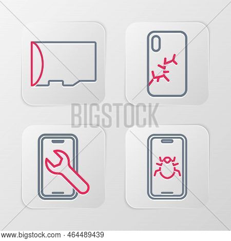 Set Line System Bug On Mobile, Mobile Service, With Broken Screen And Micro Sd Memory Card Icon. Vec