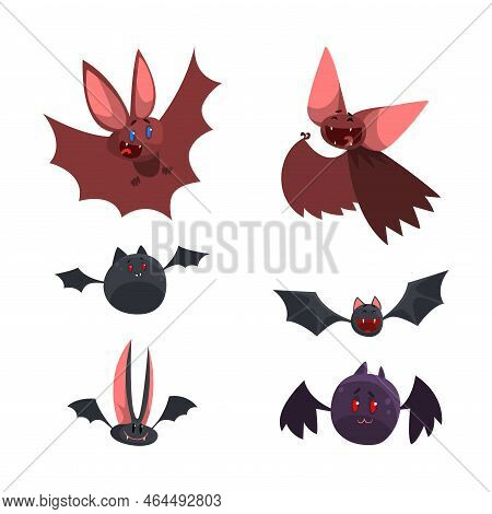 Funny Bat With Membranous Wing As Night Wild Flying Scary Animal Vector Set