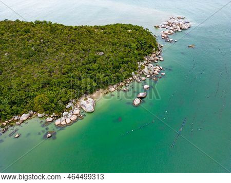 Aerial View Beach With Forest And Stones In Governador Celso Ramos, Santa Catarina, Brazil