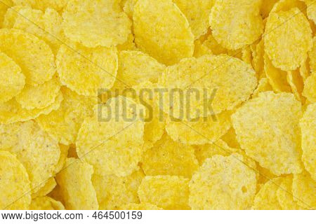 Corn-flakes Background And Texture, Cornflake Cereal Box For Morning Breakfast.