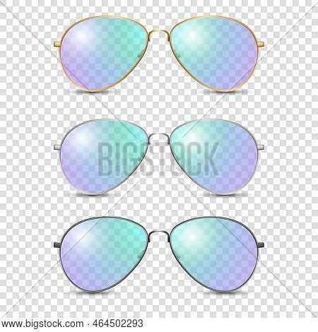 Vector 3d Realistic Round Frame Glasses Set With Blue And Purple Transparent Glass Isolated, Transpa