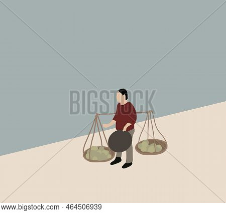 Woman Hawker Carrying Fruit Baskets Walking On Street For Sale Local Food Product To People And Fore