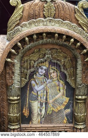Jodhpur, Rajasthan, India - 19.10.2019 : Beautiful Framed Art Of Radha And Krishna, Hindu God, Displ