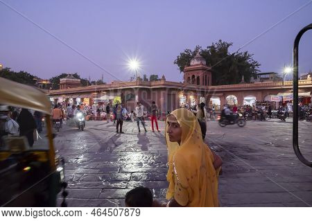 Jodhpur, Rajasthan, India - 19.10.2019 : Rajasthani Woman At Famous Sardar Market And Ghanta Ghar Cl