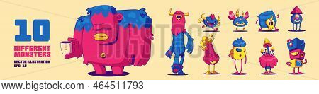 Set Of Cute Monsters, Cartoon Funny Contemporary Characters, Aliens, Strange Animals Or Halloween Cr