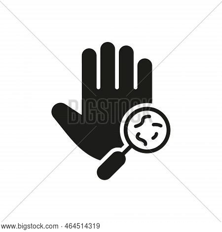 Bacteria, Germs, Microbes And Bacilli On Dirty Hand Palm Silhouette Icon. Magnifier And Human Hand W
