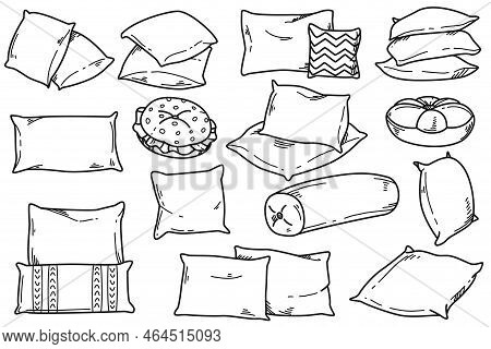 Doodle Drawing Set Of Soft Pillow For Sleep, Rest And Bedroom Decoration. Hand Drawn Cozy Feather Cu