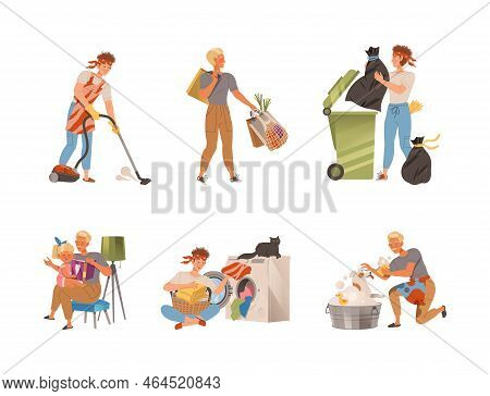 Househusband Doing Daily Routine Set. Young Man Vacuuming Floor, Throwing Garbage, Doing Laundry, Re