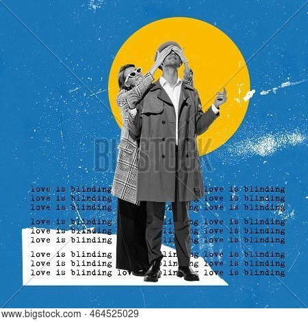 Love Is Blinding. Young Couple In Love Stranding On Abstract Background With Text. Bright Contempora