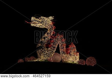 A Dragon As An Illuminated Decoration Made Of Fairy Lights At The Light Installation Lumagica In The