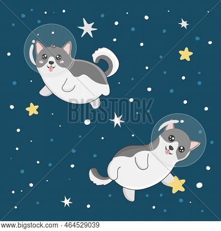 Illustration With Cute Husky Astronauts On Starry Space Background. Perfect For Posters, Greeting Ca