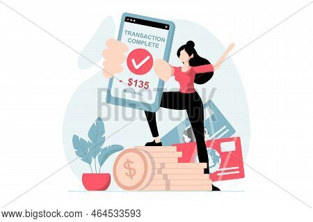 E-payment Concept With People Scene In Flat Design. Woman Successfully Makes Money Transfer Or Onlin