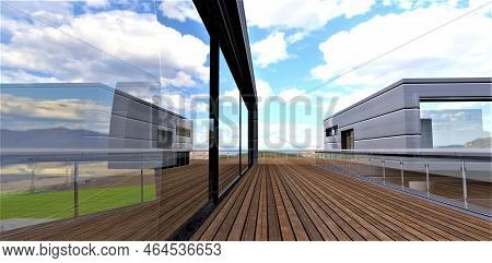 Big Mirror Glass Panoramic Doors On The Wooden Openair Terrace Of The Elite Private Estate Built Wit
