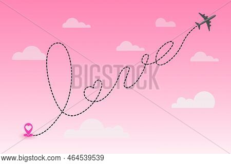 Vector Love Airplane Route. Air Plane Flight Route With Start Point And Dash Line Trace. Romantic Tr