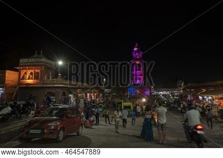 Jodhpur, Rajasthan, India - 18.10.2019 : Tourists Taking Picture Of Famous Sardar Market And Ghanta 