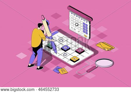 Mobile Organizer Web Concept In 3d Isometric Design. Man Marks Meetings In Calendar, Writes Notes An