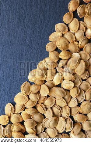 Dry Apricot Stones On Black Background. Copy Space