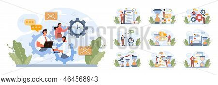Time Management Concept Set. Business People Work Day Planning,