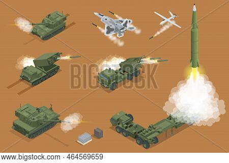 Military War Set Isometric Rocket Salvo Fire System On A Wheeled Landing Gear. Rocket Artillery. Tac
