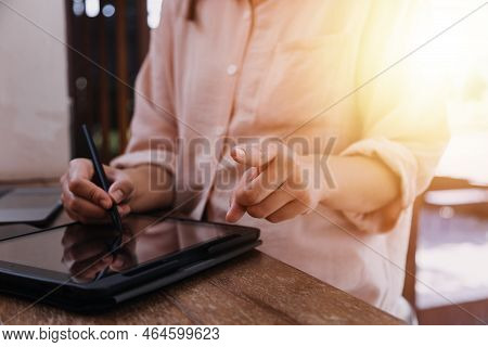 Businesswoman Hand Working With Laptop Computer, Tablet And Smart Phone In Modern Office With Virtua