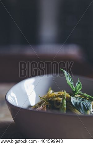 Pesto Spaghetti With Shimp In High Contrast Italian Food