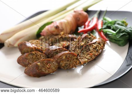 Local Northern Thai Food , Northern Thai Spicy Sausage Street Food Isolated In White Background