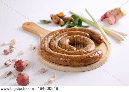 Local Northern Thai Food , Northern Thai Spicy Sausage Street Food Isolated In White Background