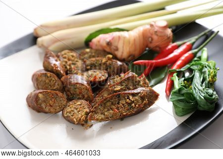 Local Northern Thai Food , Northern Thai Spicy Sausage Street Food Isolated In White Background