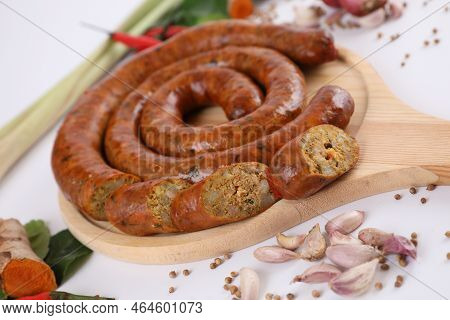 Local Northern Thai Food , Northern Thai Spicy Sausage Street Food Isolated In White Background