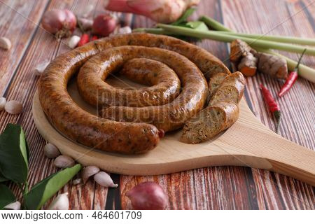 Local Northern Thai Food , Northern Thai Spicy Sausage Street Food Isolated In White Background