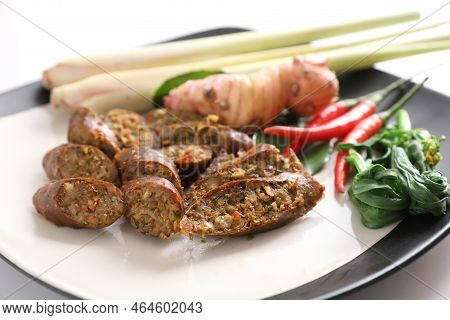Local Northern Thai Food , Northern Thai Spicy Sausage Street Food Isolated In White Background