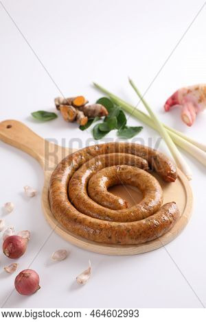 Local Northern Thai Food , Northern Thai Spicy Sausage Street Food Isolated In White Background