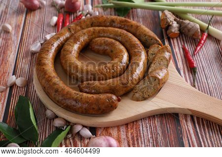 Local Northern Thai Food , Northern Thai Spicy Sausage Street Food Isolated In White Background