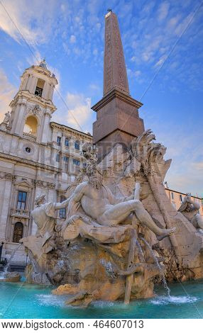 Urban View Of Rome, Italy: Fountain Of The Four Rivers (fontana Dei Quattro Fiumi) With An Egyptian 