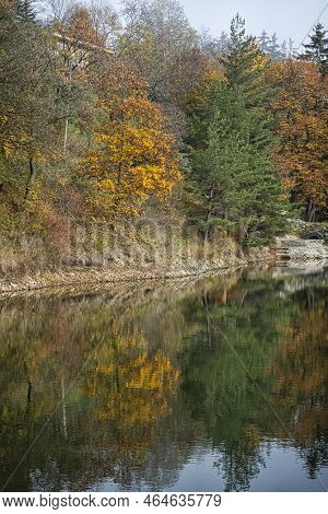 Water Reservoir Klinger In Stiavnica Mountains, Slovak Republic. Seasonal Natural Scene. Hiking Them